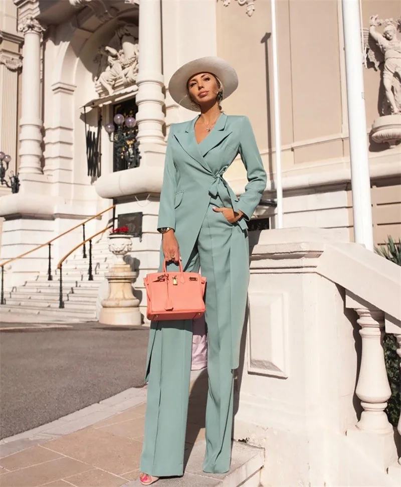 Conjunto de traje largo de 2 piezas para mujer, chaqueta con cordones y cinturón, esmoquin Formal de oficina, vestido de graduación hecho a medida