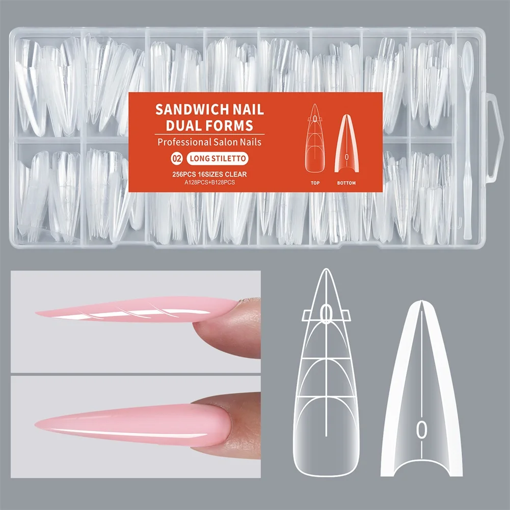 256pcs Sandwich Nail Dual Forms Nail Extension Mold Builder Gel Coffin Almond Shape Top/ Bottom Nail Forms Manicure 16 Sizes