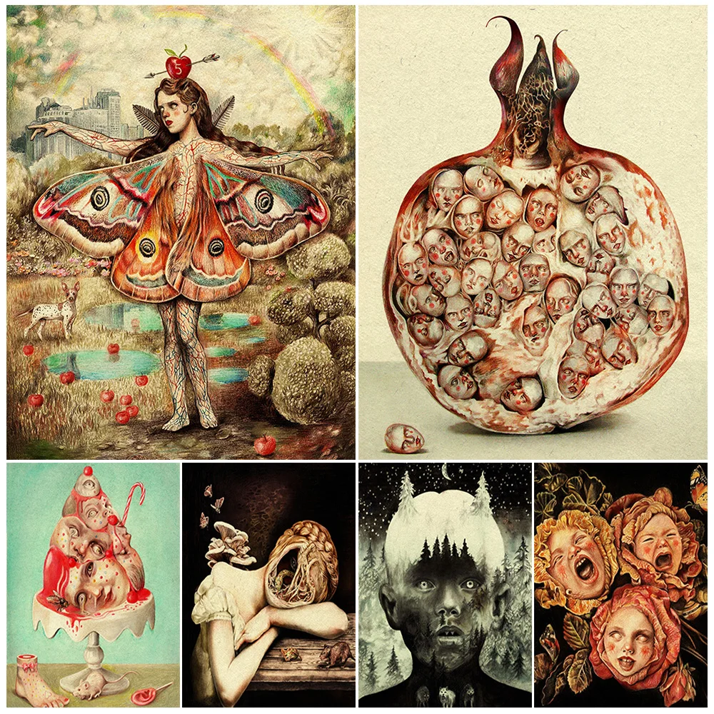 

Butterfly Fairy,Pomegranate Head,Horror Cake,Gothic Wall Art Canvas Painting,Forest Little Witch,Vintage Art Poster Print Decor