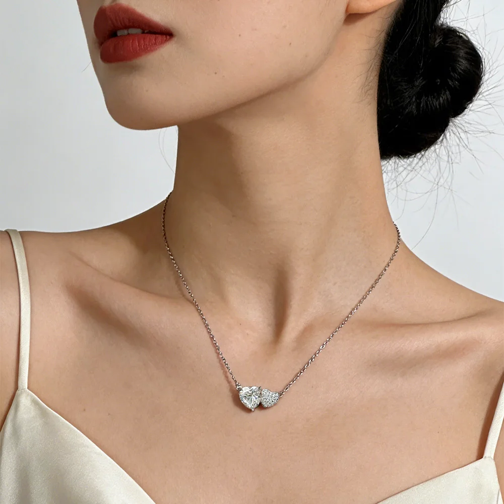 OEVAS Full Moissanite Pendant Necklace For Women S925 Sterling Silver Double Heart Lab Diamond Wedding Fine Daily Jewelry Gifts