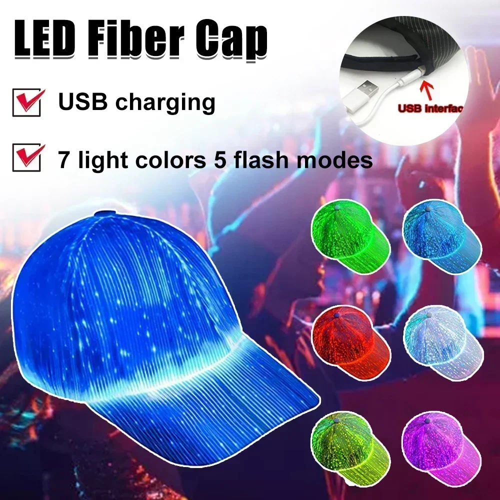 LED Fiber Optic Hat Rechargeable Light Up Night Running Baseball Cap Glow Hat Hip-Hop Luminous Hat Party Disco Bar Flashing Caps