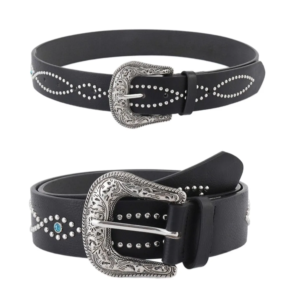 الرجعية حجر الراين حزام المرأة بولي Leather الجلود العرقية نمط برشام حزام الخصر القوطية حزام فستان حزام البنطال الجينز يوميا #2