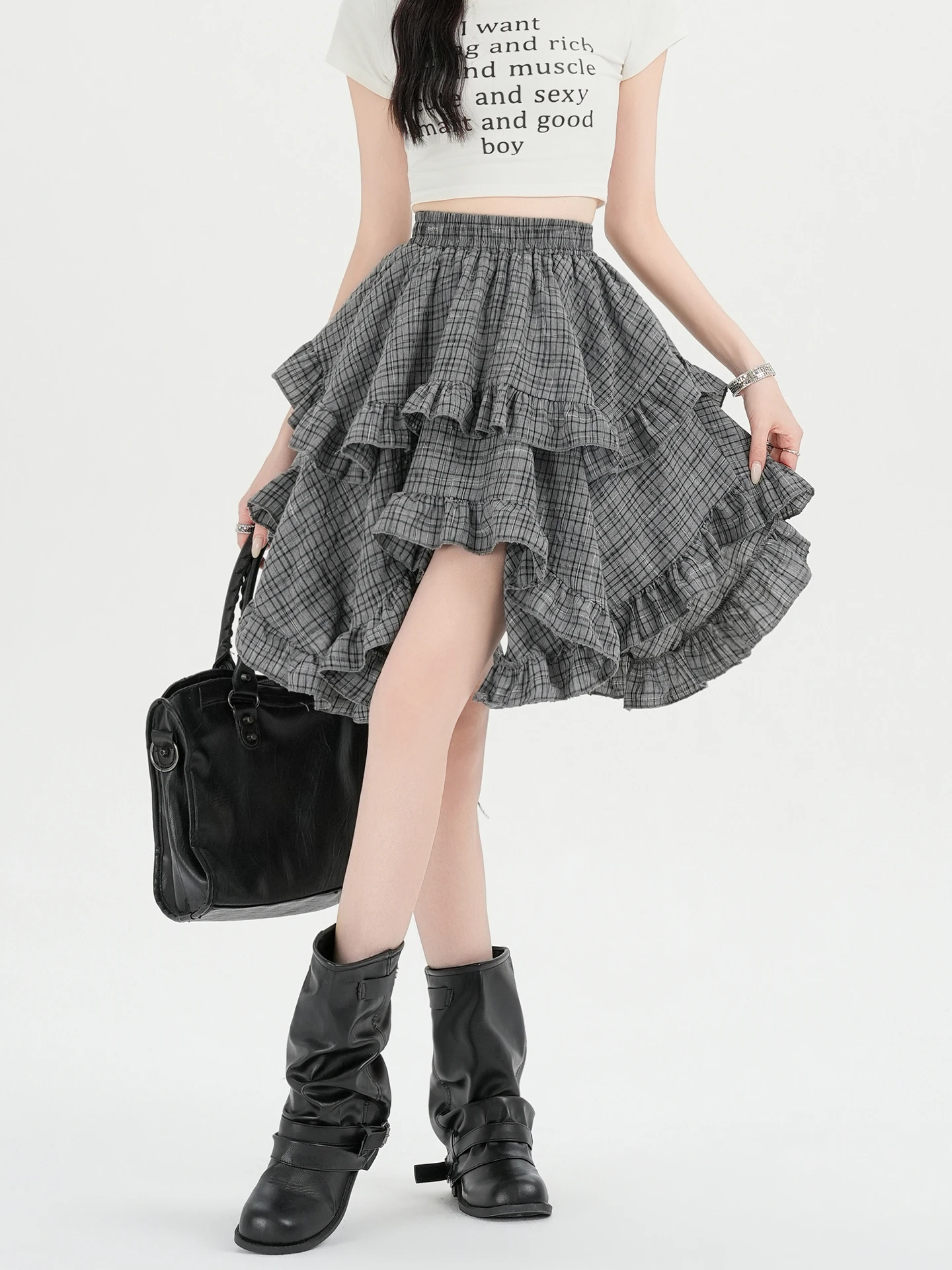 

Retro Color Block Asymmetrical Lace Trim Plaid Skirt Women Summer Sweet Spicy High Waist A-Line Fluffy Cake Skirt