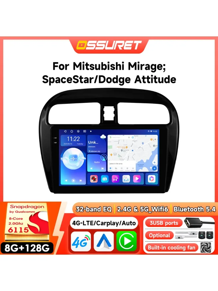 2Din Android Autoradio voor Mitsubishi Mirage 2012-2023 Space Star Dodge Attitude Draadloze Carplay GPS Door Snapdragon 6115 Speler - afbeelding 2