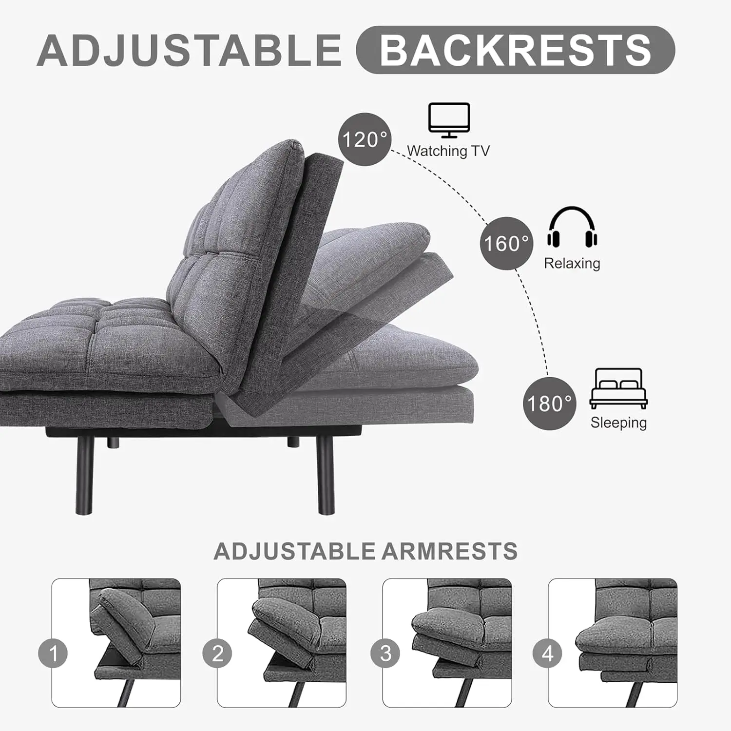 Qaiioo-Modern Futon Sofá-cama, Memory Foam Sleeper, cama conversível com braços ajustáveis e encosto