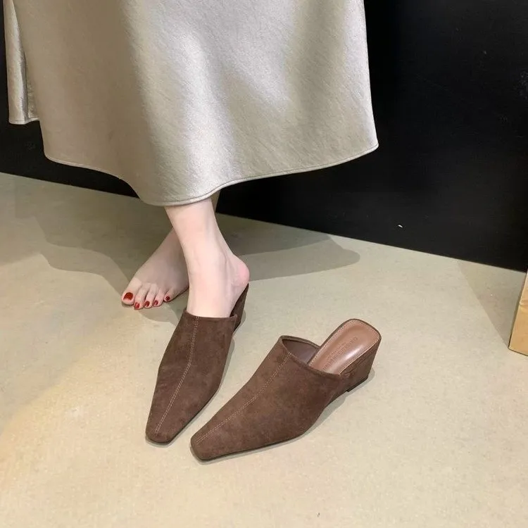 Retro High-Heeled Small Square Toe Slip-On Half Back Women's Mules for Outdoor Wear, 2026 Spring/Summer New One-Step-On Mules
