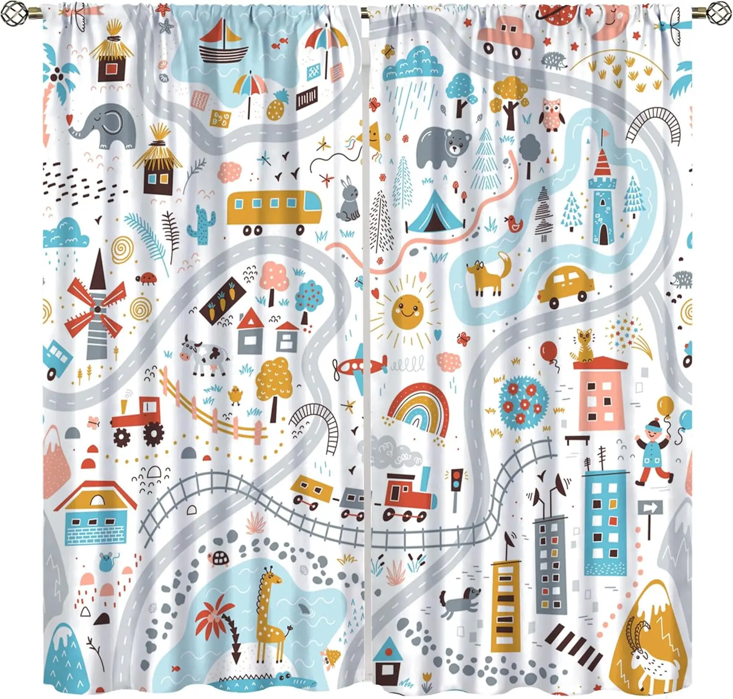 Cartoon City Traffic Map Curtains Kids Road Vehicle Print for Nursery Bedroom Window Decor