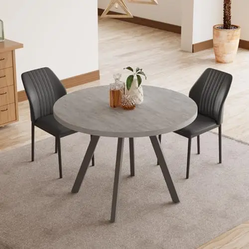 34.6' Round Dining Table Set for 2, Grey + 2 Black Chairs