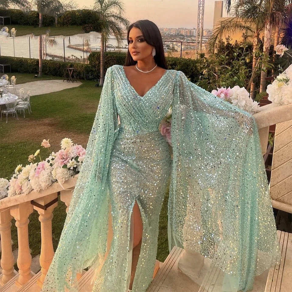 Gaun Prom Putri Duyung dengan Selendang Berpayet Glitter Mewah 2025 Gaun Malam Panjang Leher-v Celah Tinggi Seksi untuk Wanita Jubah De Soirée