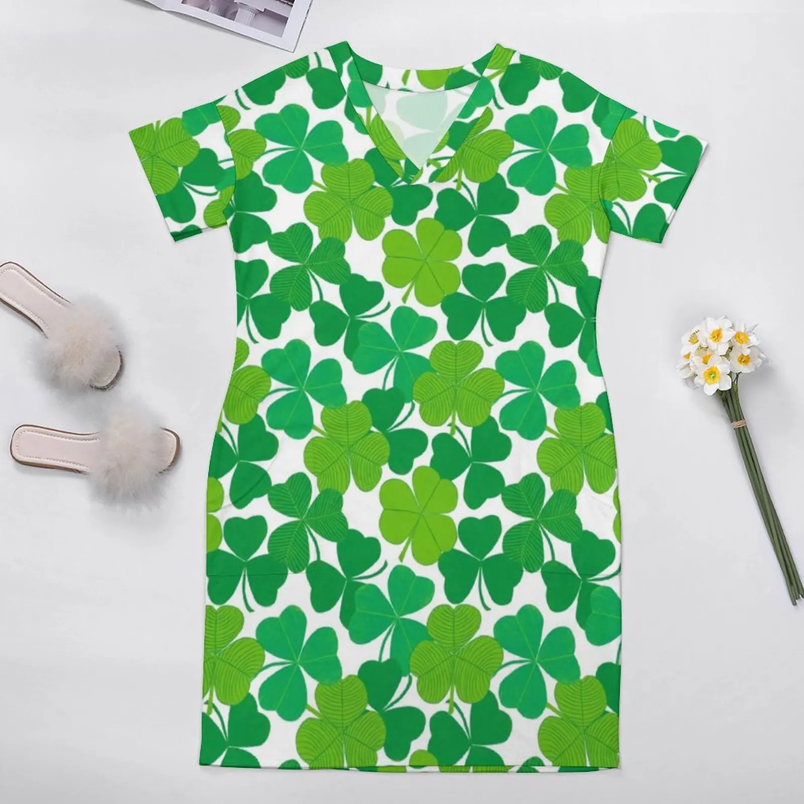 Shamrock Print Dress Plus Size Celebrate St Patricks Day Aesthetic Casual Dress Female Summer V Neck Elegant Dresses Gift Idea