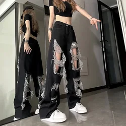 Czarne porwane jeansy damskie modne ciemne akademickie Harajuku Y2K nieregularne spodnie amerykańskie luźny, szykowny Gothic Bf Casual deminowe spodnie