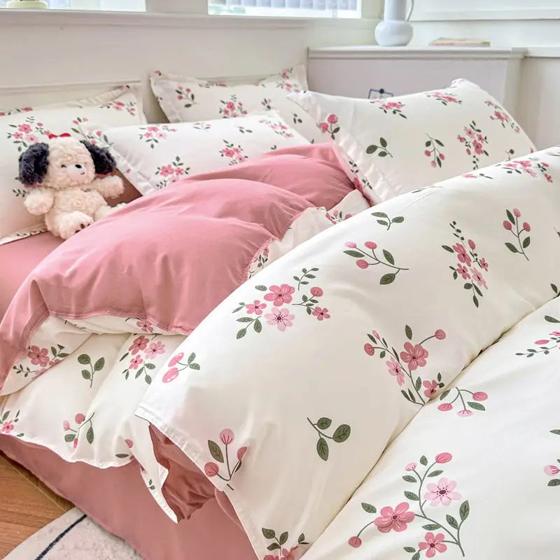 White Pink Bedding Set Ins Floral Twin Queen Size Duvet Cover Flat Sheet Pillowcase No Filler Girl Boy Home Dormitory Bed Linens