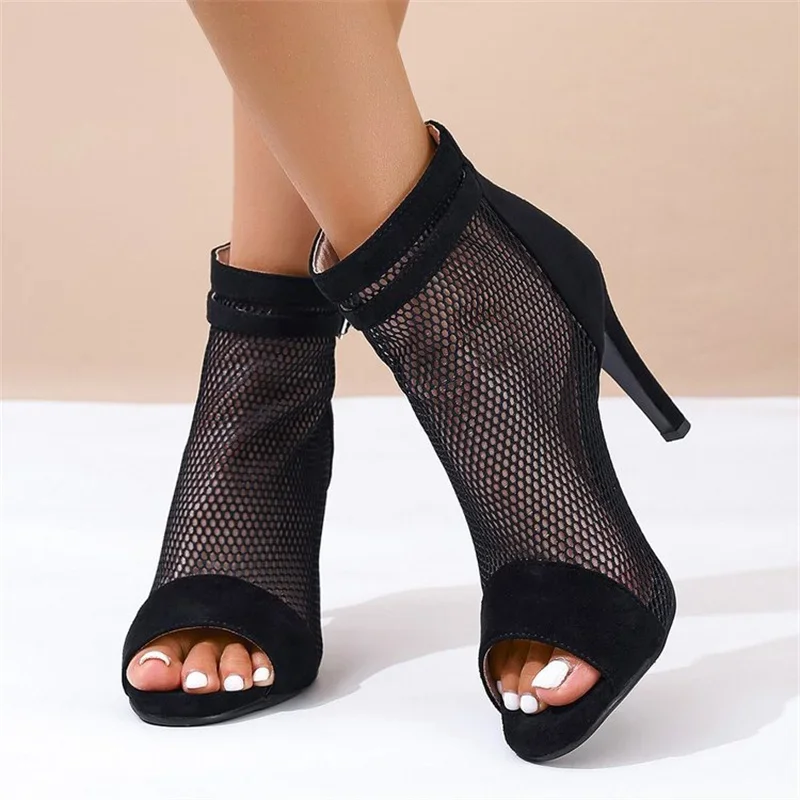 2025Summer hollow black cool boots slim heels mesh boots fish mouth exposed toe high heels mesh women's shoes dance short boots