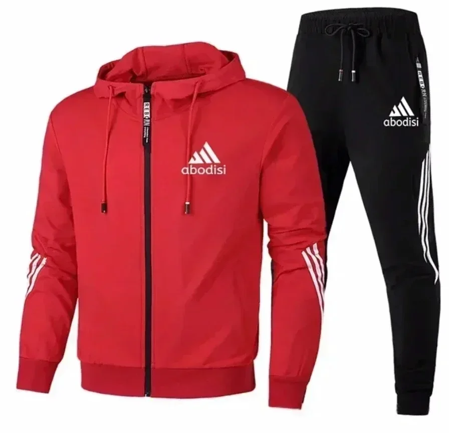 

A Simple Two-piece Men's Outdoor Fitness Fashion Suit, Featuring a Men's Printed Long-sleeved Jacket and Jogging Sport Pants
