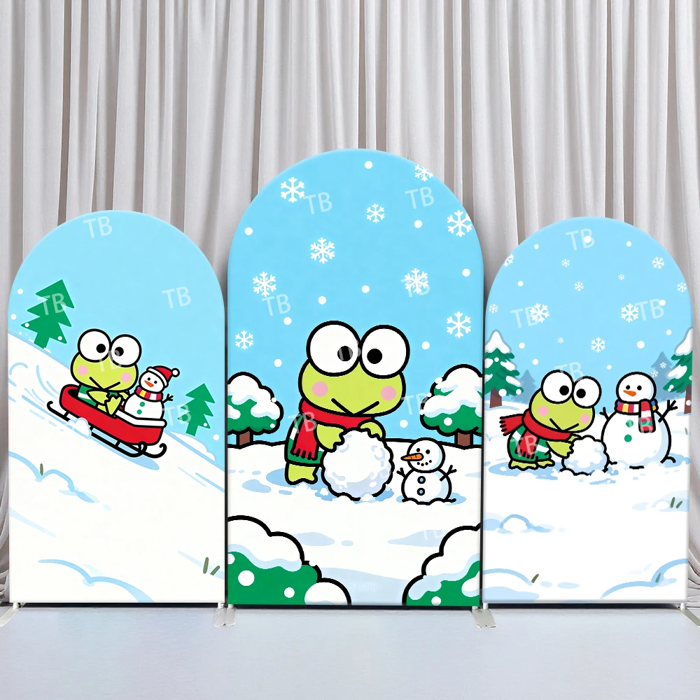 

Фон для фотосессии Sanrio Keroppi: Зимняя снежная атмосфера, уютная праздничная сцена для детского дня рождения, вечеринки в честь рождения ребенка