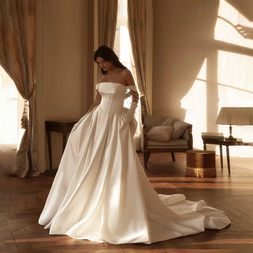 

Modern Boat Collar High Quality Satin Pleated Wedding Dress Open Back Floor Length Boho Bow Bridal Dress with Train Custom Made