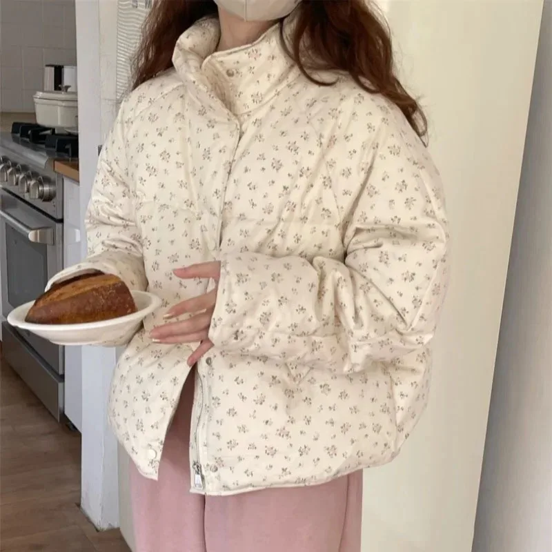 Outerwear Coats Cake Korean Style Stand Collar Floral Cute Girls Short Down Cotton Jacket for Women Parkas 2 Colors 2024 Winter