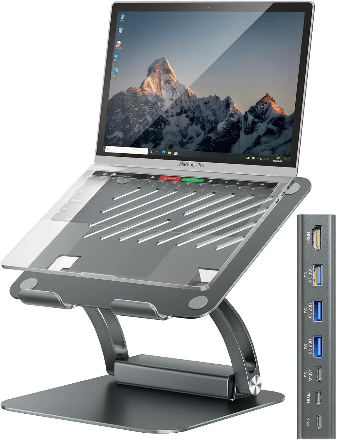 

Laptop Stand with Detachable USB-C Hub, 100W PD, 4K HDMI, Ergonomic for 10-17" Laptops, Gray
