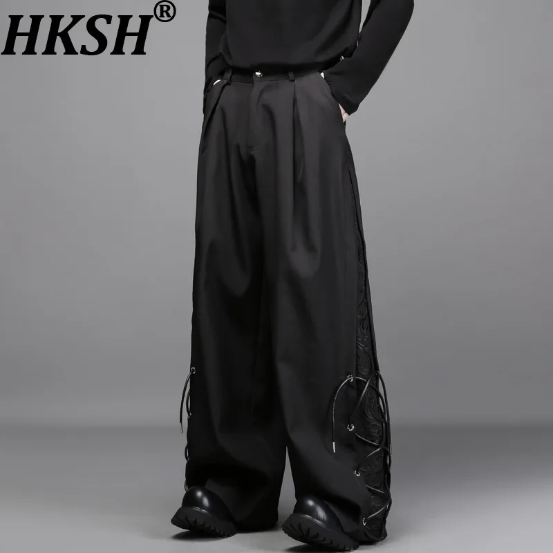 

HKSH Autumn New Men Tide Dark Style Heavy Embroidery Patchwork Gothic China-Chic Drawstring Wide-Leg Casual Pants Trendy HK15448