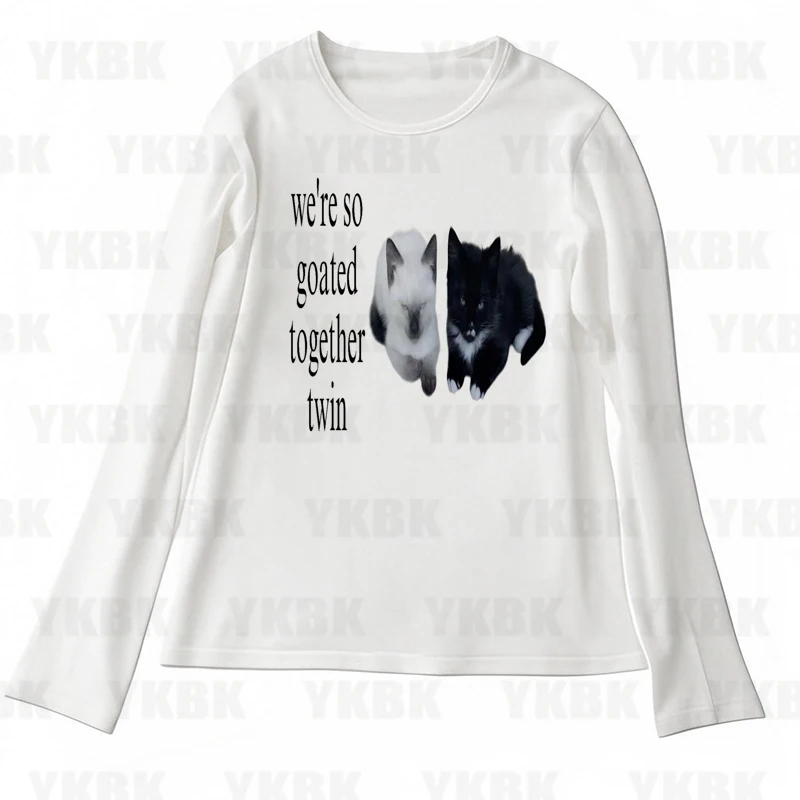 Harajuku Cat Kitty Punk Goth Long Sleeve Tops Women Anime Summer Grunge Punk Print Top Fashion Tops Vintage Baby Tees Emo Girl