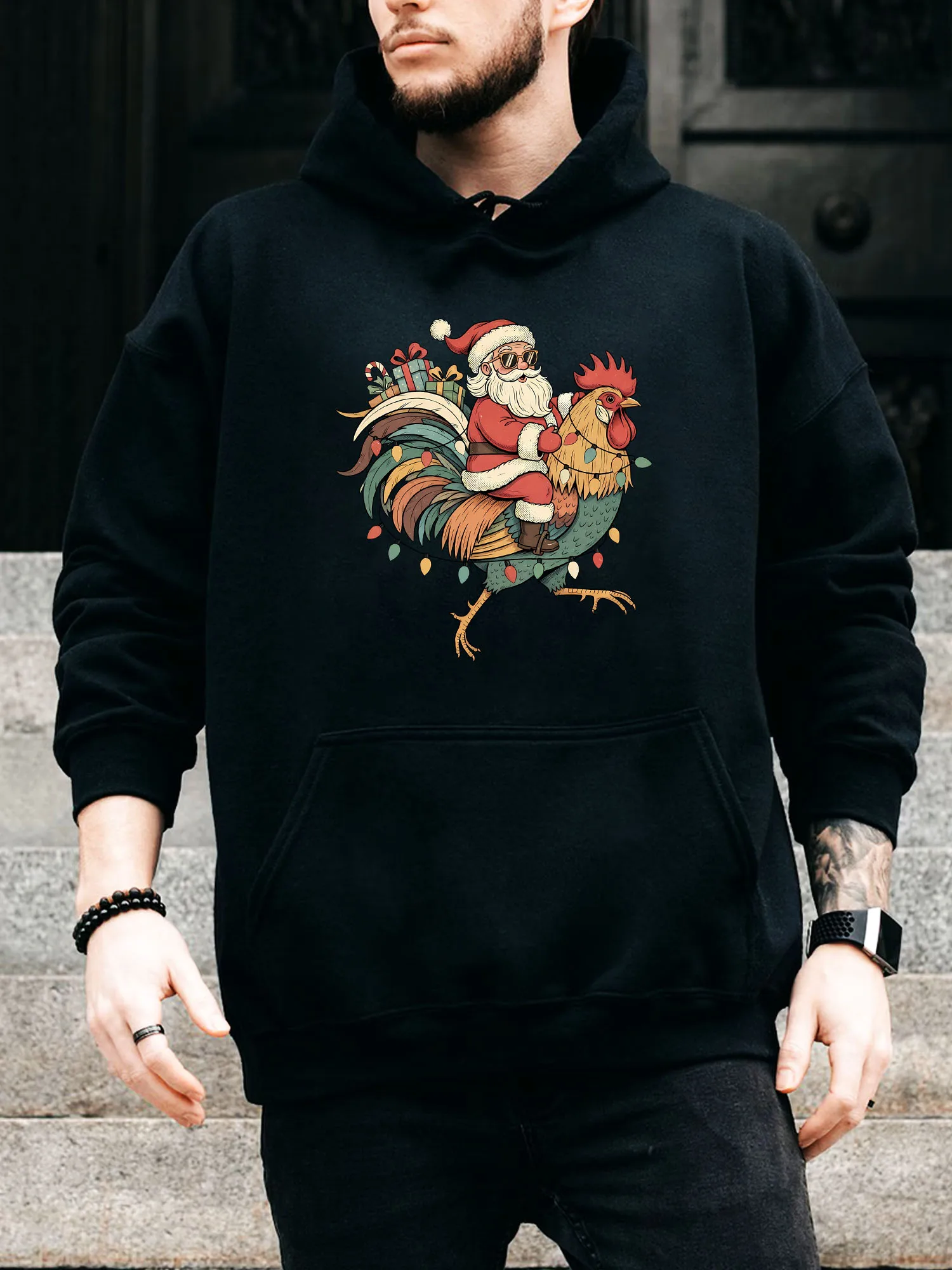 

Santa Riding a Chicken Men's Drawstring Hoodie - Casual Comfortable Black Pullover, Fall & Winter Hooded Sweatshirt