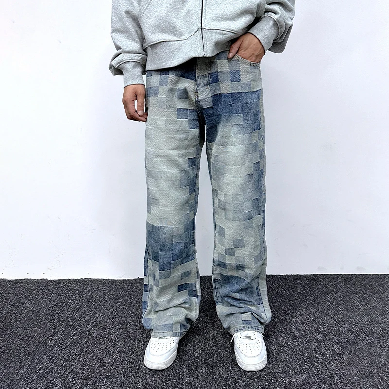 PFNW Plaid Patchwork Design Male Vintage Jeans Autumn High Street Trendy Loose Straight Leg Pants Casual Denim Trousers 28W4376