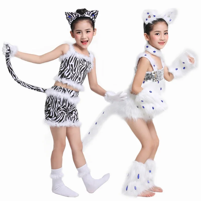 Children Kitten Dance Costume Plush Cute Cosplay Cat Animal Stage Performance Suit Halloween Christmas Carnival Party Uniform