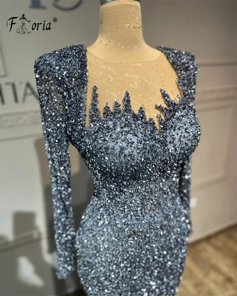 Sparkly Sequin Beads Dubai Prom Dresses para mulheres, vestido de casamento árabe, manga comprida, sereia, vestidos de noite formais, cinza