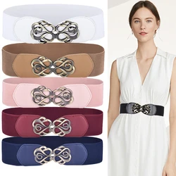 Women Vintage Leather Belt for Dress Elastic Stretched Band Brass Retro Buckle Lady Belt