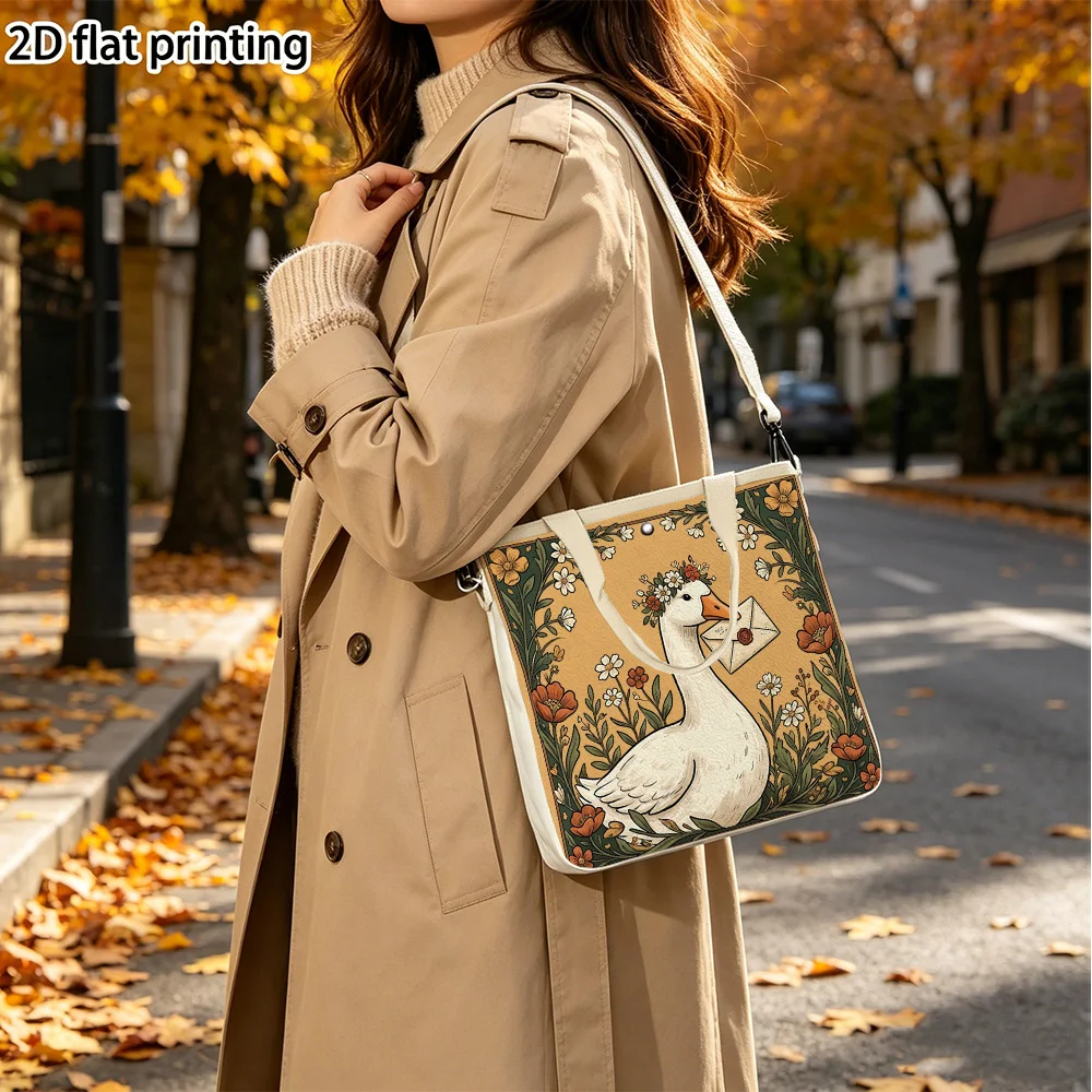 goose with letter Double-Sided Printed Canvas Tote Handbag Detachable Convertible Crossbody Strap for City Errands