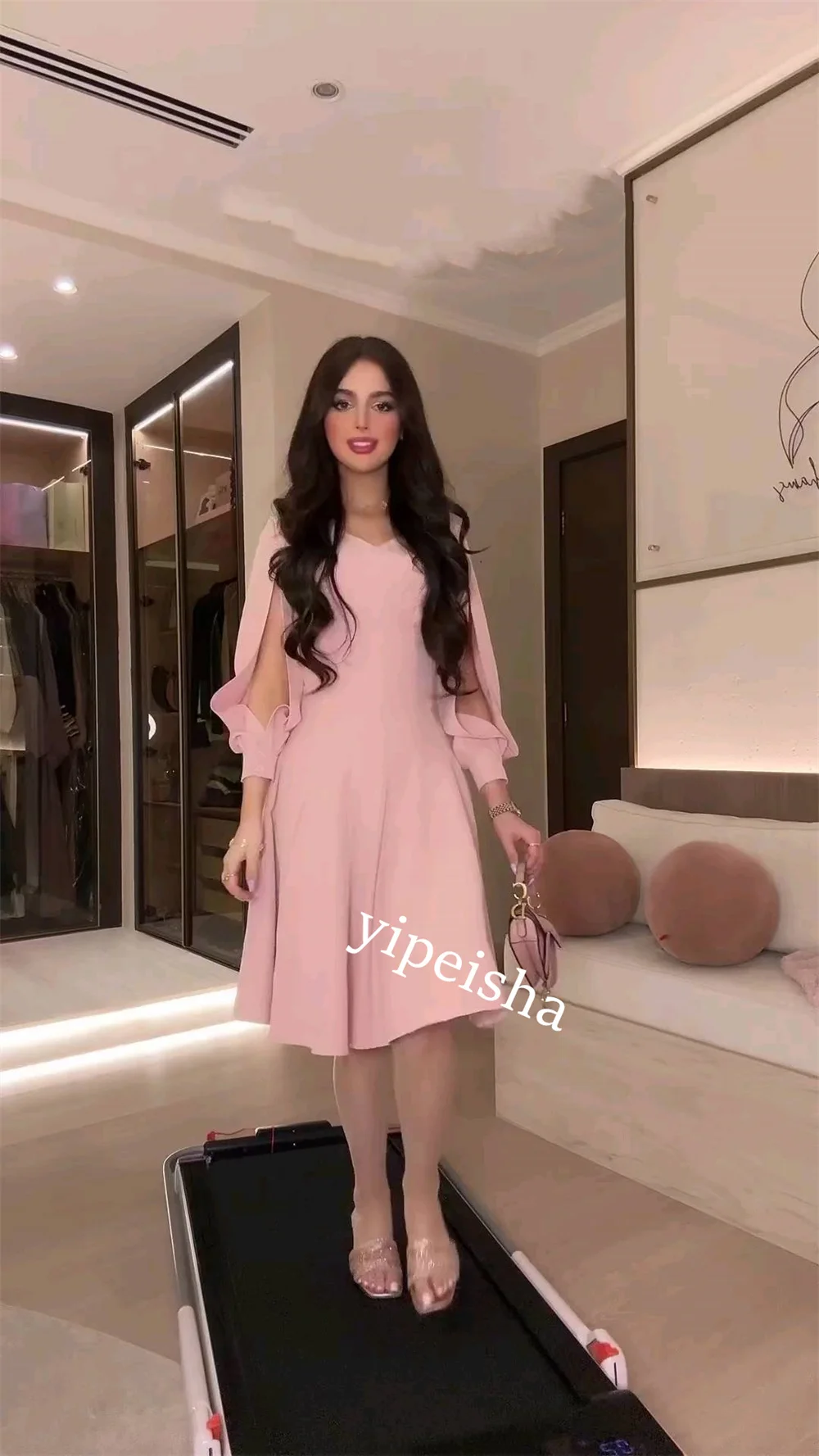 CustomizedExquisite High Quality Sparkle Jersey Ruffle Cocktail Party A-line V-neck Bespoke Occasion Gown Knee Length Dresses