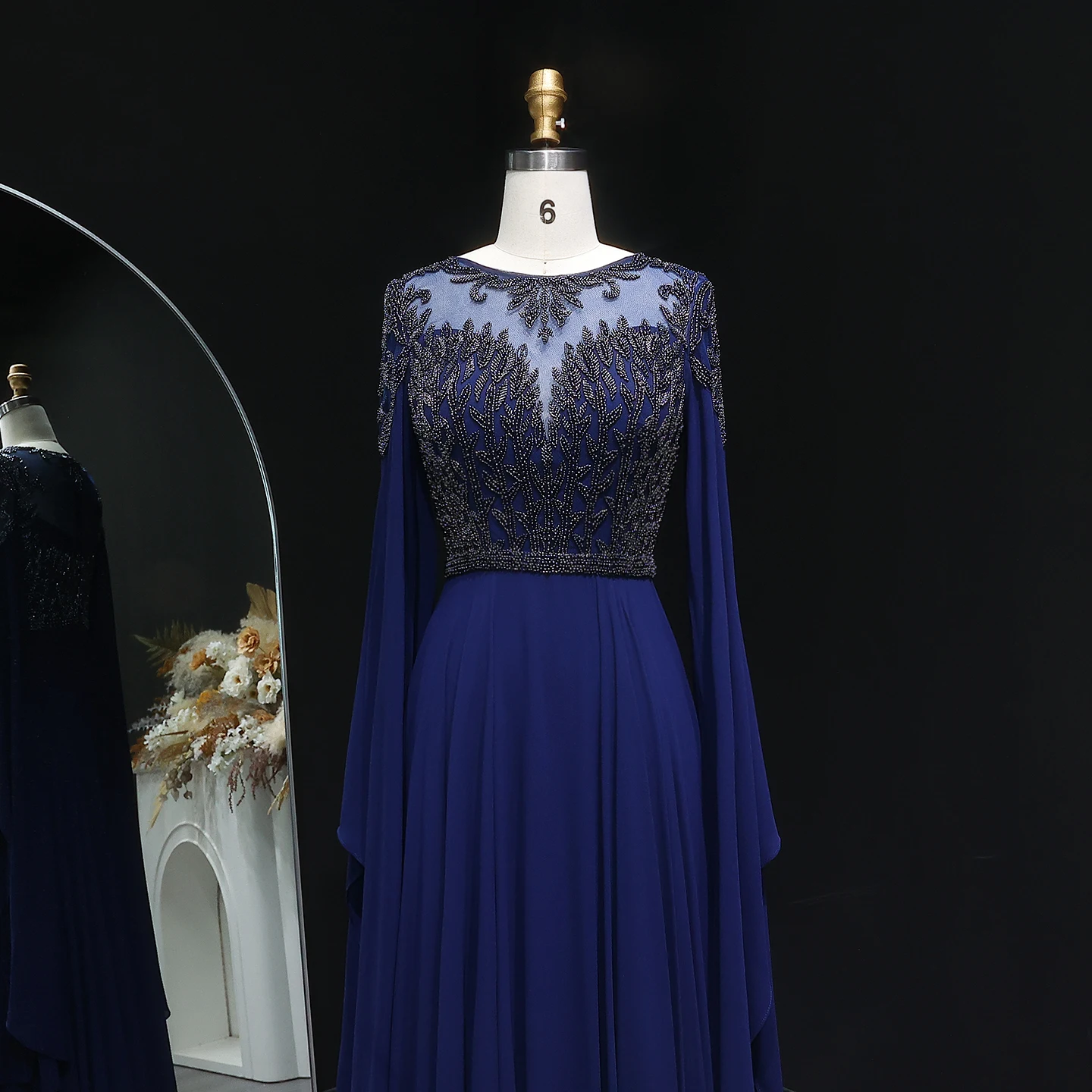 

Sharon Said Arabic Navy Blue Evening Dress with Cape Sleeve Beaded Elegant Women Wedding Party Gowns SF324 Customized