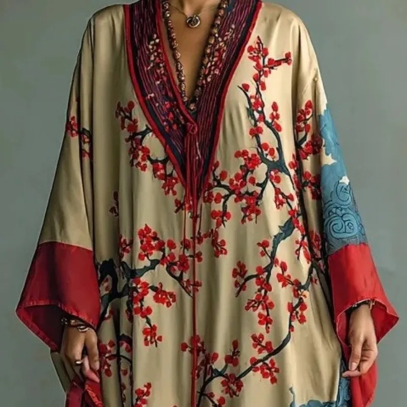 Winter New Loose And Comfortable Homewear Printed Floral Nightgown V-neck Horn Sleeve Casual Wear