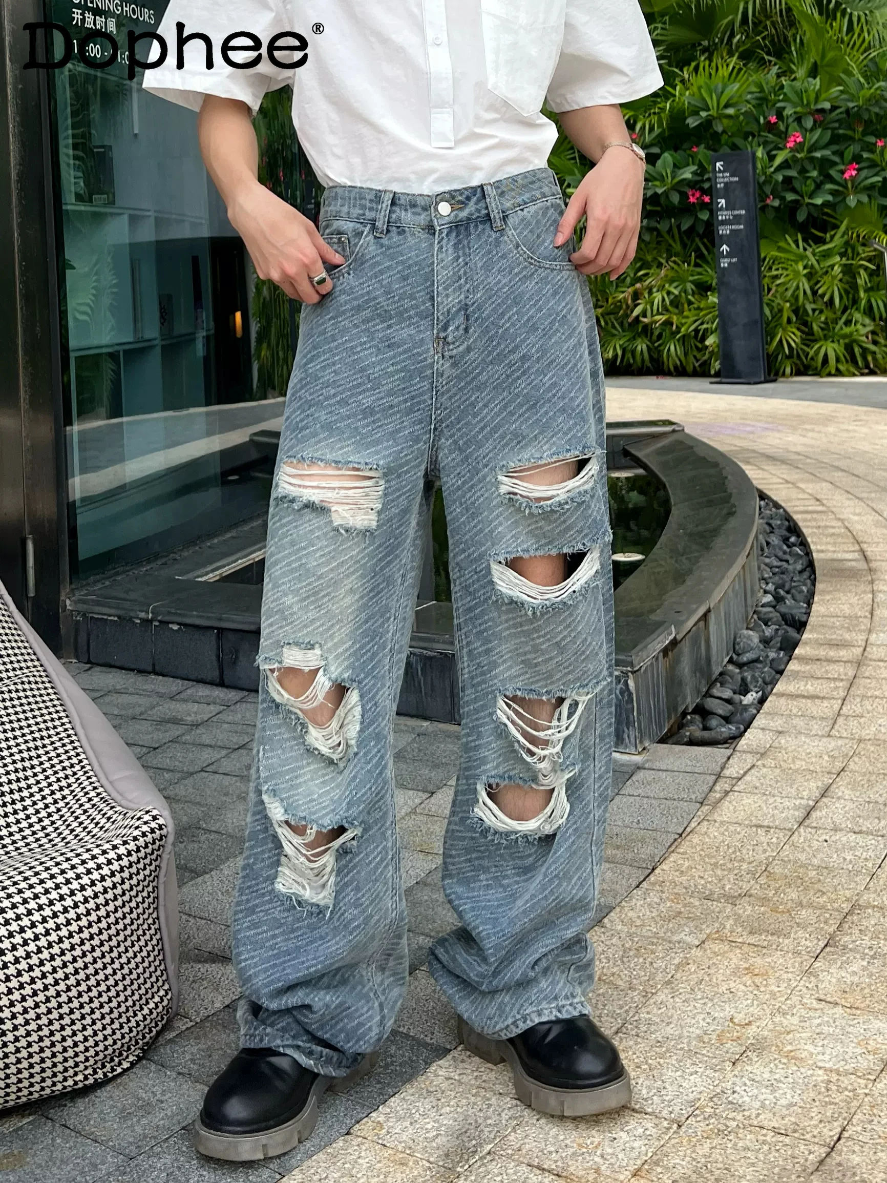 Fashion 2024 Men's Summer High Waist Hole Diagonal Striped Jeans Men's Trendy Loose Denim Trousers Casual Cotton Wide Leg Pants