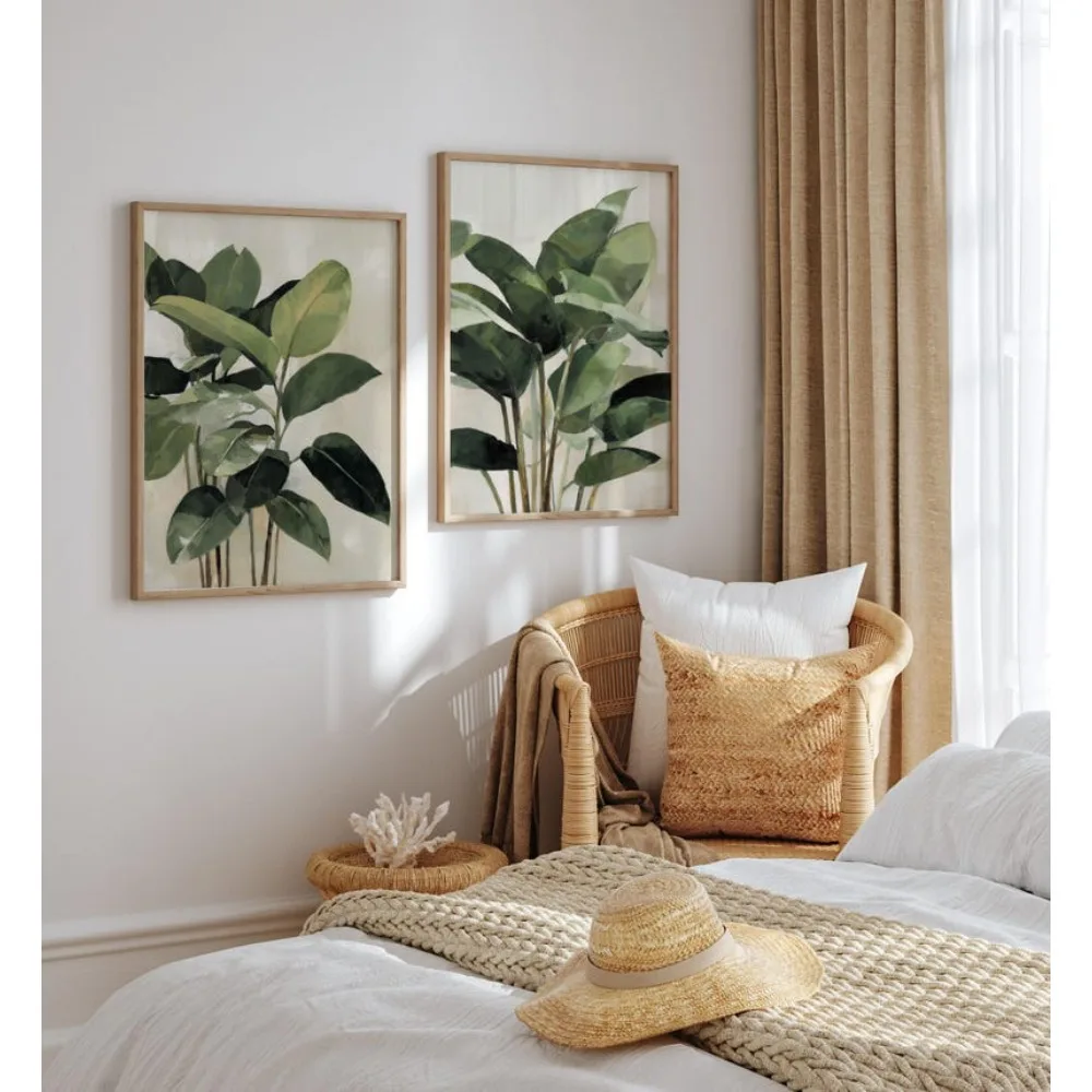 2pcs frameless Canvas Painting 2 Frameless Green Plant Prints, Modern Minimalist Plant Banyan Tree Wall Art, Digital Download, L