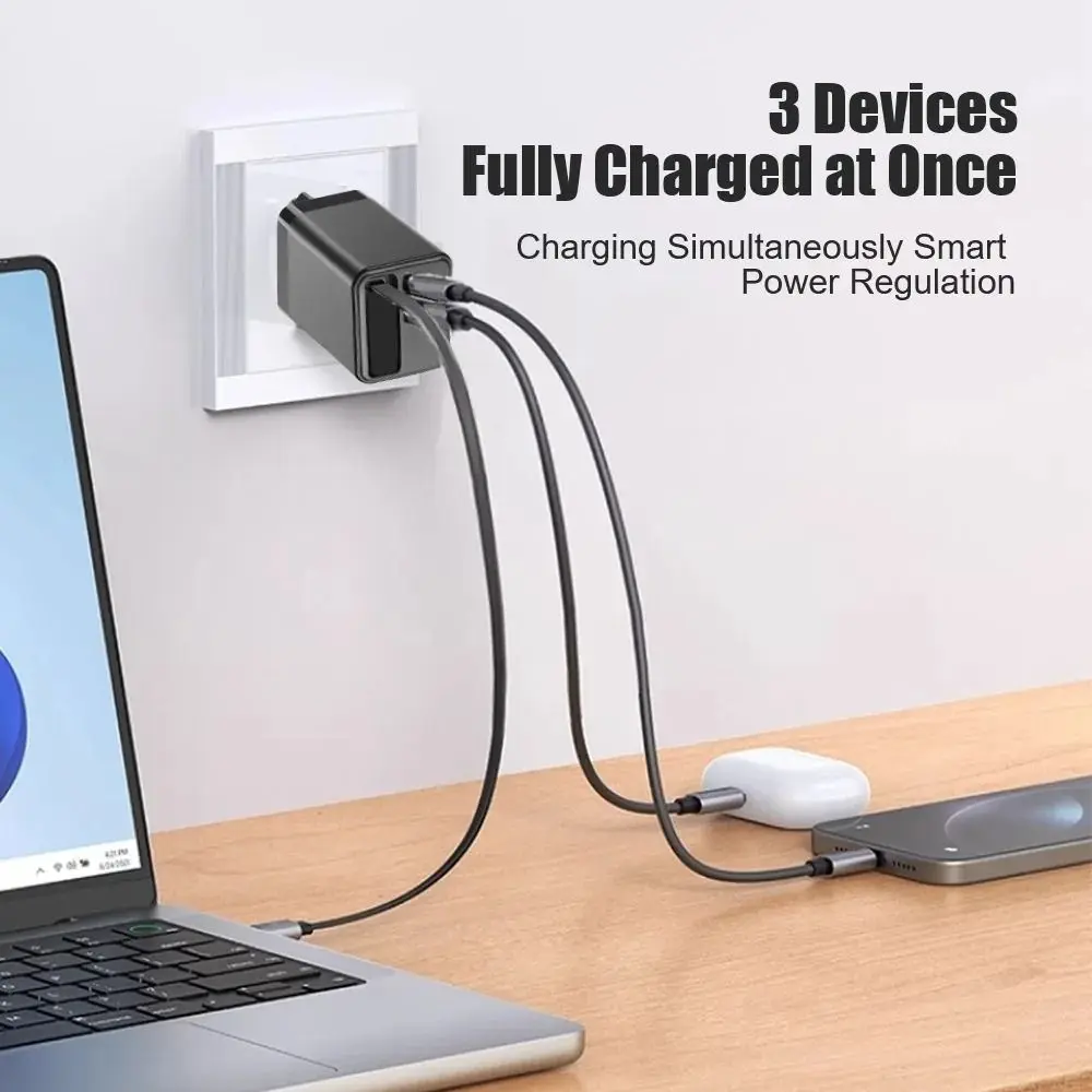 

New 40W Charger Adapter with Retractable Cable 3-Ports QC 3.0 Charger Plug PD Fast Charging Quick Charger