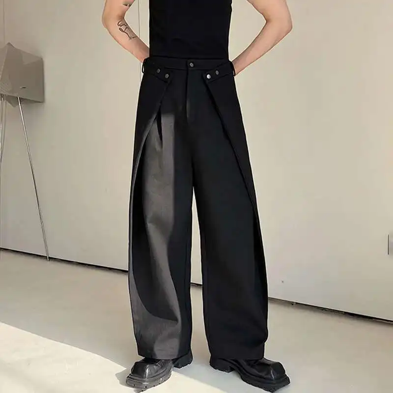 Luzhen moda elegante retalhos ruched calças casuais masculinas 2025 cor sólida na moda em linha reta solta perna larga terno calças lz1611