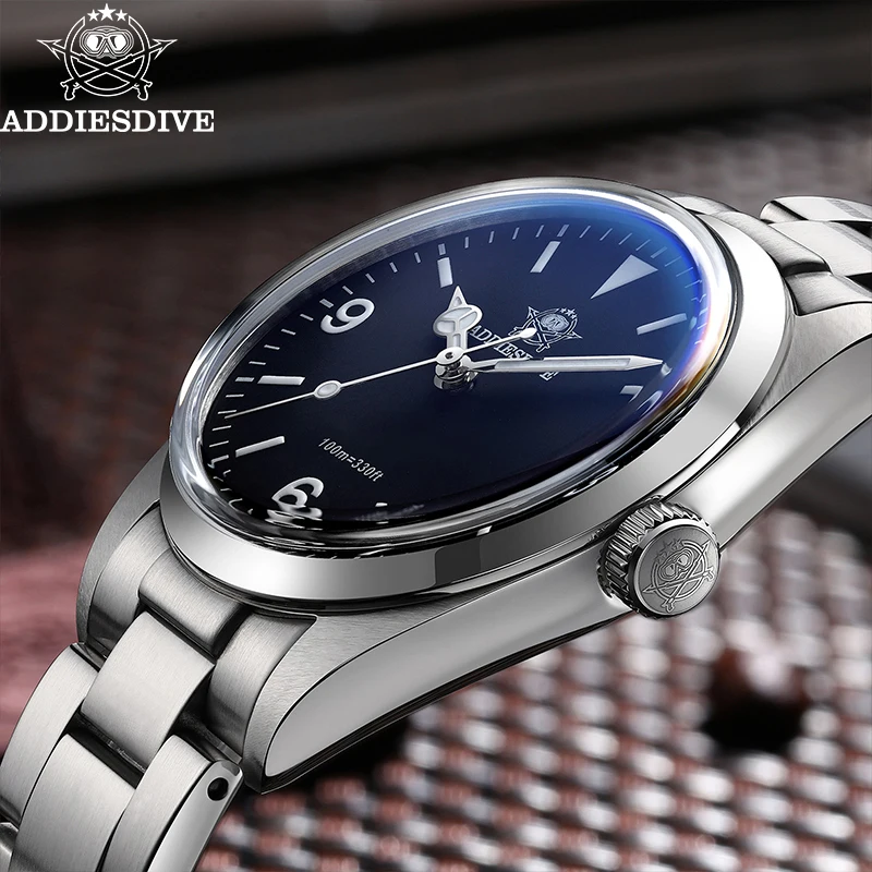 ADDIESDIVE 36mm AD2023 Quartz Watch Stainless Steel Black Dial Watches Sapphire Bubble Mirror 100m Dive Luminous Mens Wristwatch