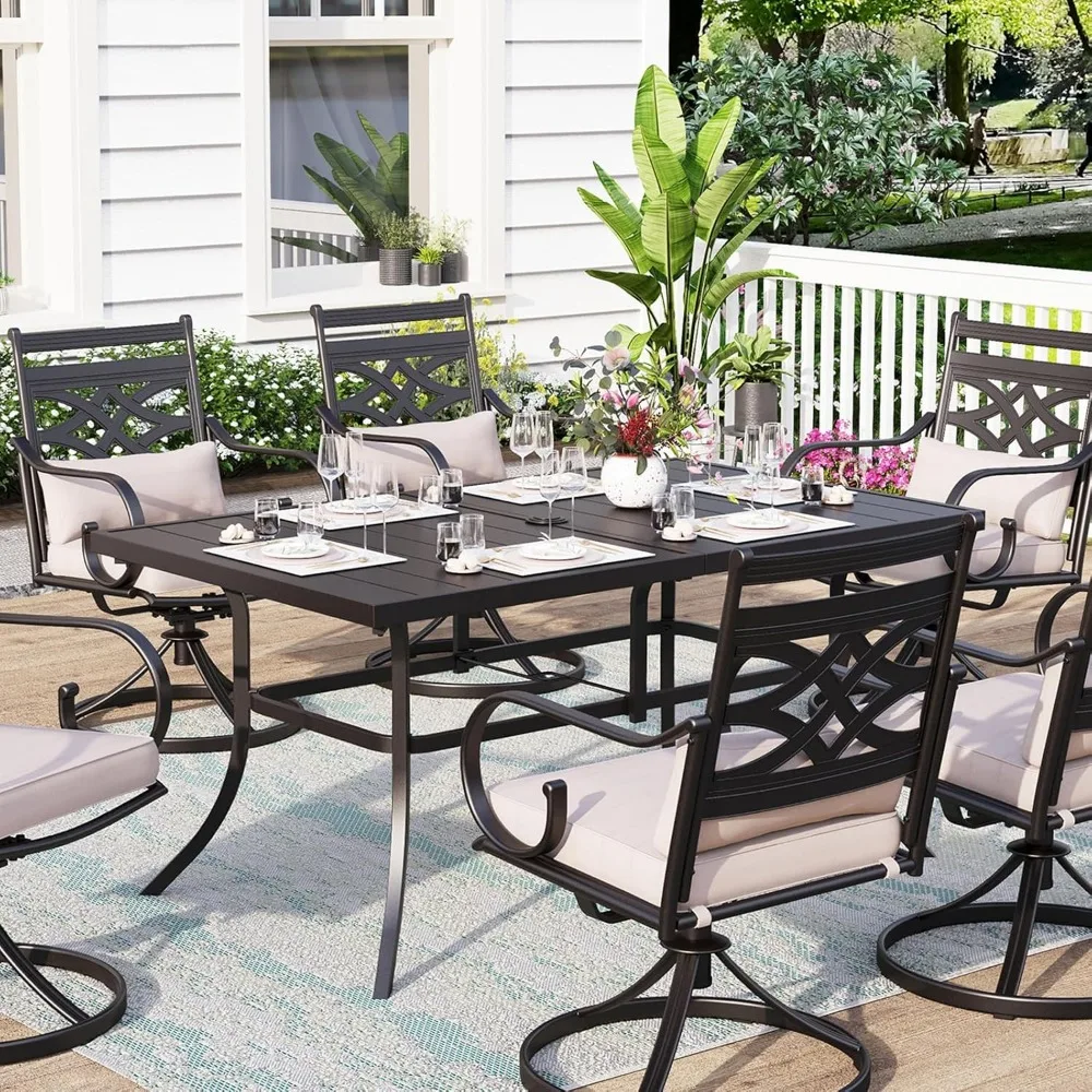 Outdoor Patio Dining Table for 6, Rectangle Weather Resistant Metal Patio Table with Adjustable Umbrella Hole, Black