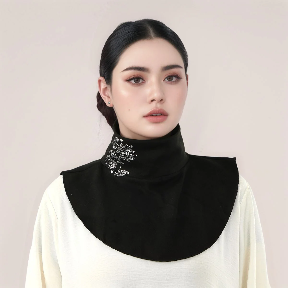 Women Detachable Fake Collar Autumn Winter Windproof Neck Warmer Floral Rhinestone False Collar Ideal Under Hijab Turtleneck