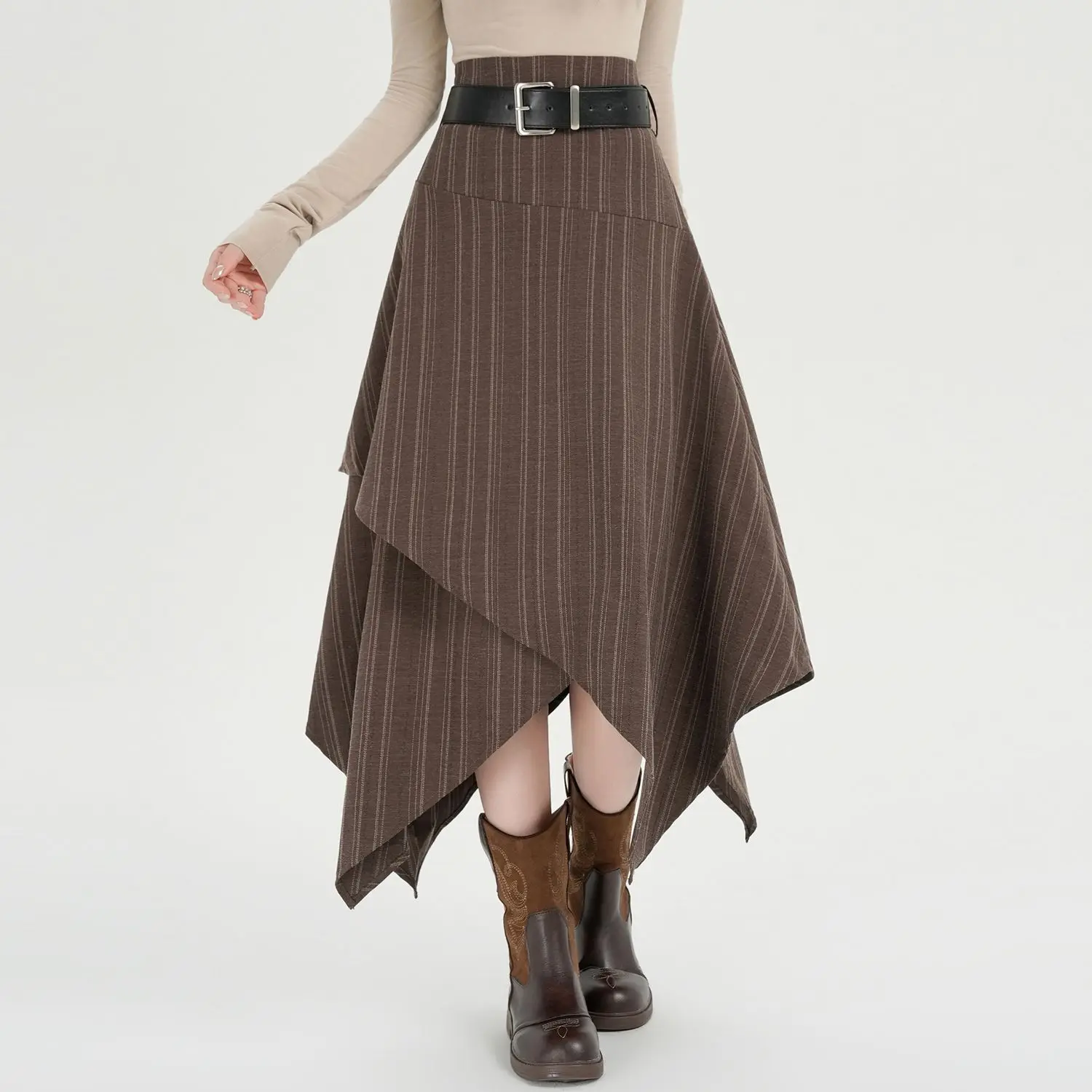 Long Skirts Women Sexy Skirt 2027 Goth Autumn Winter High Waist Ruffles Asymmetrical Striped Skirts with Belt Streetwear D1079