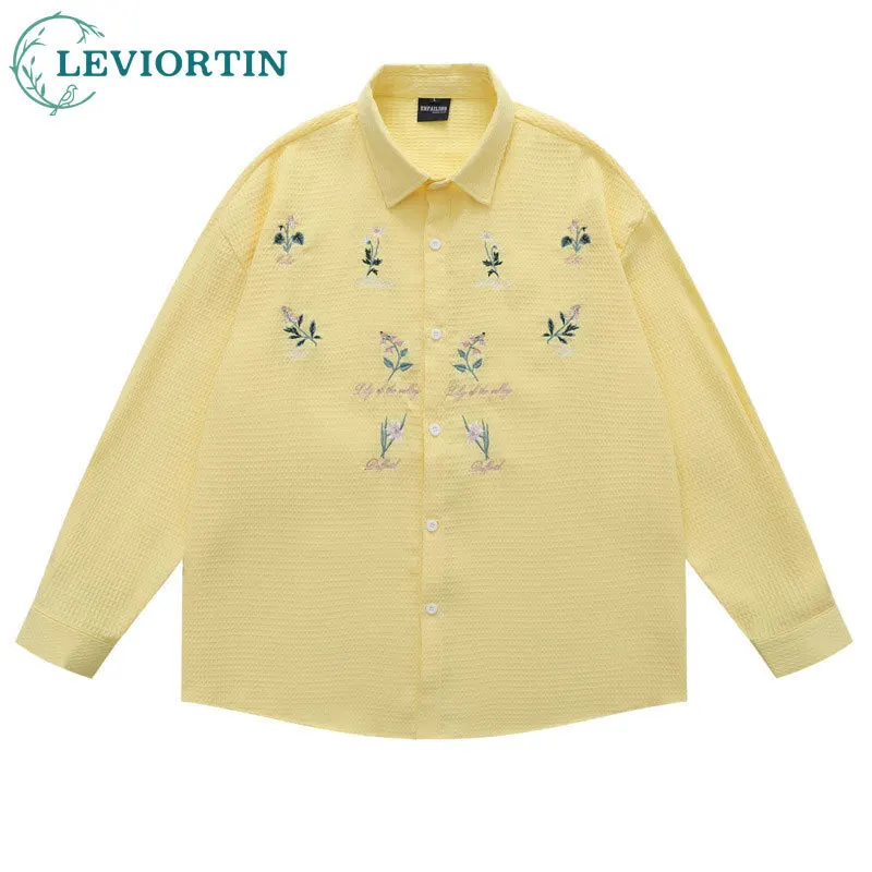 2025 Autumn men's and women's trendy brand American retro floral embroidery design waffle loose casual long sleeved shirt