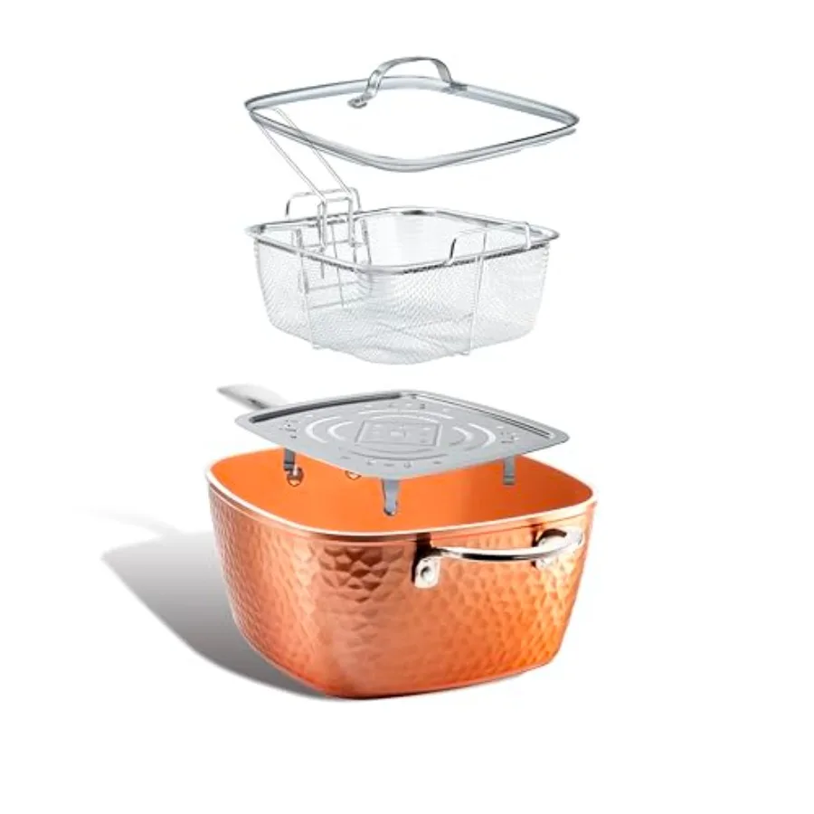 

Nonstick Square Deep Frying Pan 9.5" Large Cooking Pan with Ceramic Nonstick Coating Deep Fryer Pot with Basket 4 Pc Titanium C