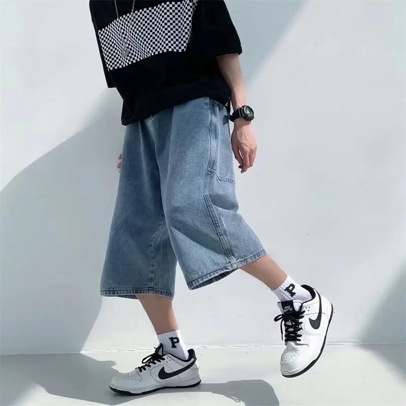 Jeans Pants Men Summer Short Jeans Big-Pockets Breeches Hip Hop Streetwear Baggy Denim Shorts Casual Wide-Leg Capris Pants