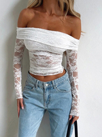 Women Floral Y2k Lace Long Sleeve Tops Low Cut Sheer Long Sleeve Pullovers Fitted Crop Shirt with Bra Summer Streetwear Clubwear