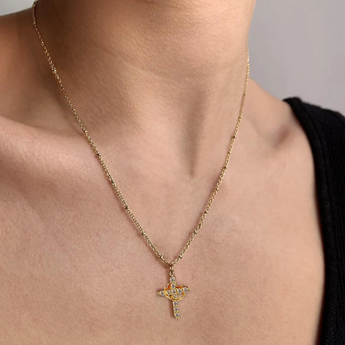 Cross Full Diamonds Necklace Turned Crown Versatile All Match Light Luxury Zircon Stone Collarbone Chain