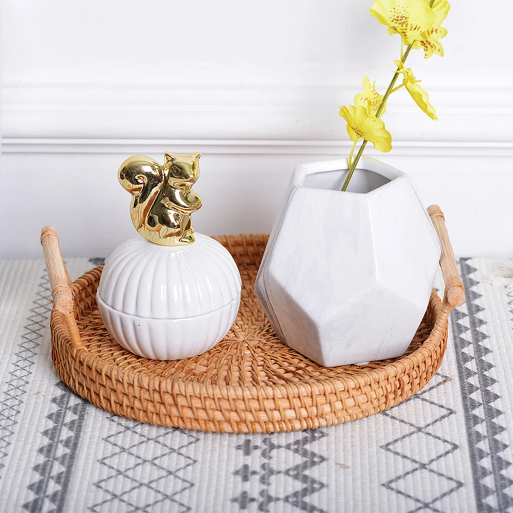 

1pc Round Snack Fruit Plate Rattan Organizer Woven Tray Decorative Home Hotel Nordic Style Handles Handmade Natural