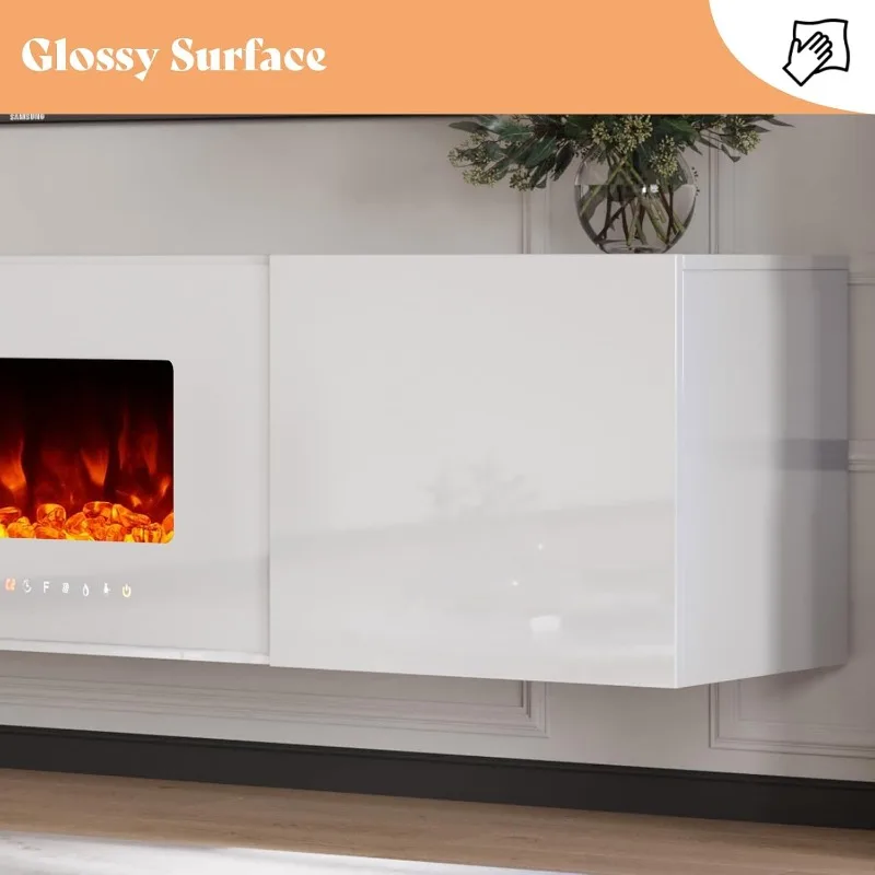 Floating Fireplace TV Stand,Wall Mounted Mirrored Entertainment Center with 40" Electric Fireplace, for TVs Up to 90", All White
