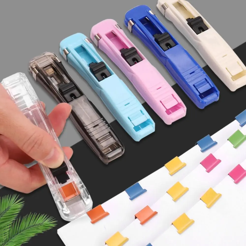 

Simple Traceless Clip Pusher Hand Push Reusable Paper Binding Clip Metal Document File Stapler Stationery