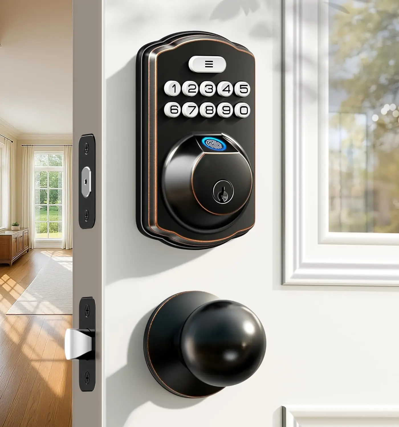 

Fingerprint Door Lock with Keypad and Handle - Keyless Entry, Auto-Locking, Waterproof, Easy Installation in Bronze